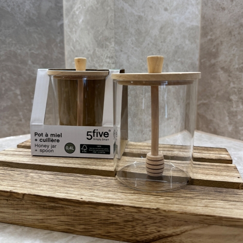 Стъклен буркан за мед с бамбуков капак и лъжичка - модел 11253